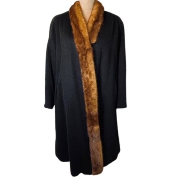 Vintage 40's Famous Barr Mink Brown Fur Trim Wool Black Coat - Picture 1 of 14
